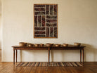 Burgundy & Charcoal Kilim Patchwork on Dark Multicolor woven wall art in a second styled room setting, for scale - WA-PCH-BUR-70100-078