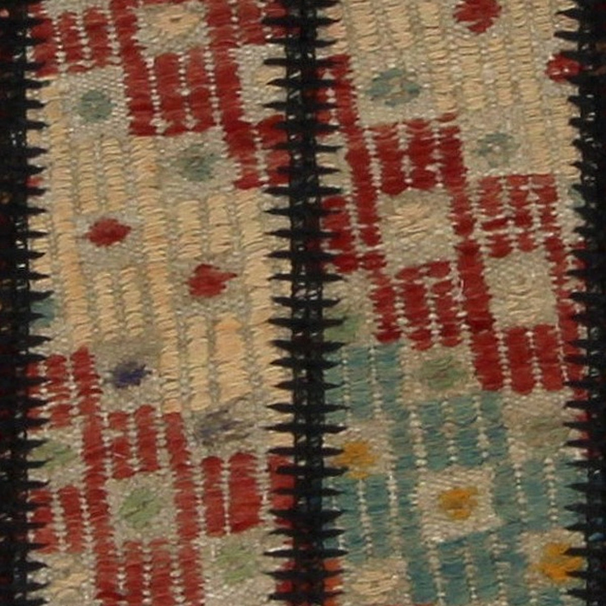 Close-up of the handwoven kilim weave - Cream & Aqua Kilim Patchwork on Burgundy - WA-PCH-CRE-70105-079 - Arconiz