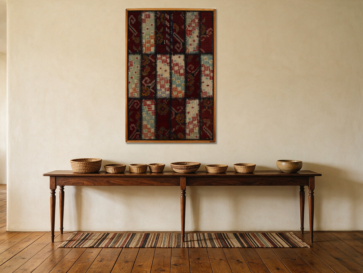 Cream & Aqua Kilim Patchwork on Burgundy woven wall art shown hanging in a styled room, for scale - WA-PCH-CRE-70105-079