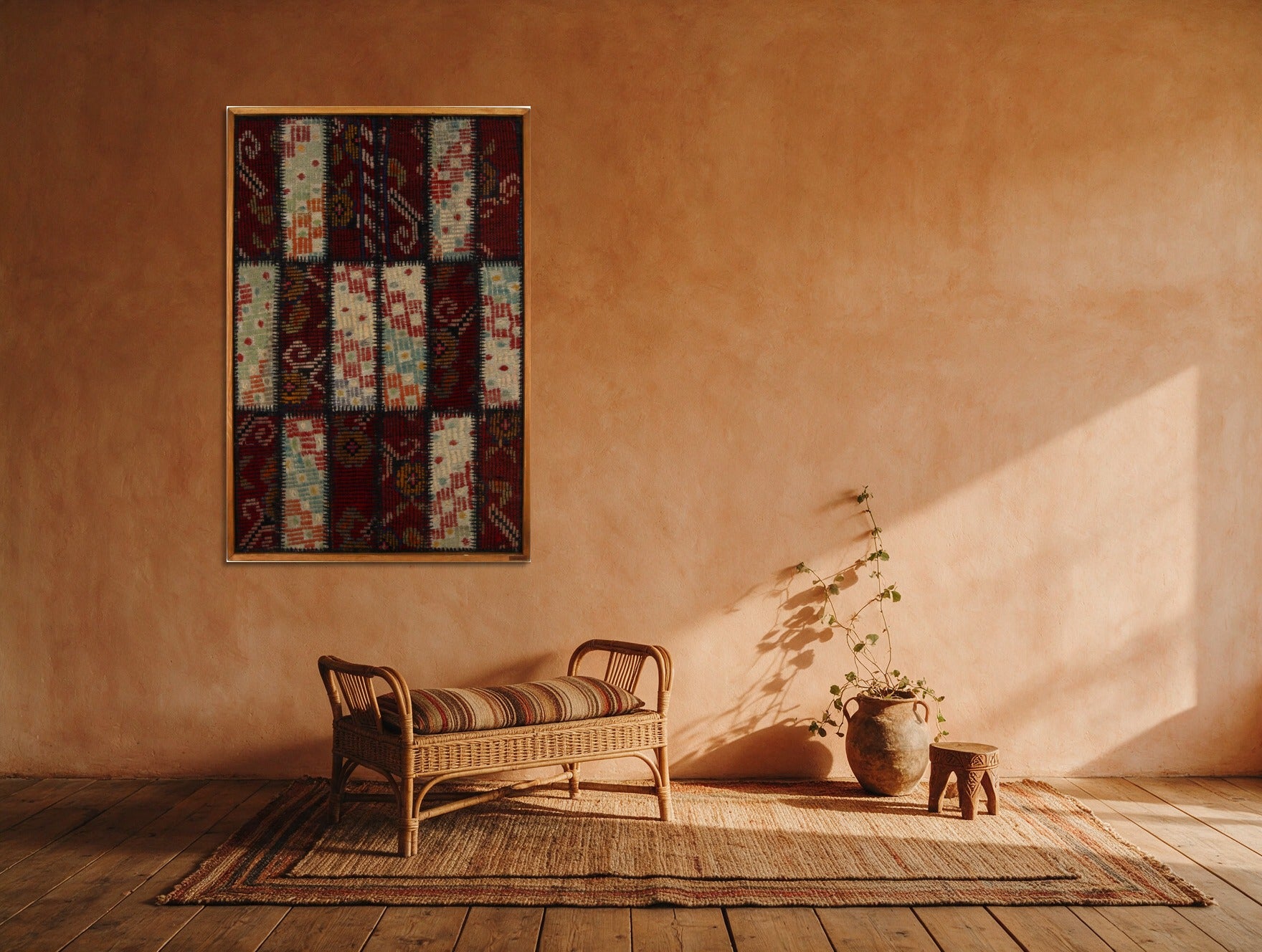 Cream & Aqua Kilim Patchwork on Burgundy woven wall art in a second styled room setting, for scale - WA-PCH-CRE-70105-079