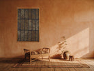 Muted Grey Kilim Patchwork on Indigo & Taupe woven wall art in a second styled room setting, for scale - WA-PCH-MUT-70105-081