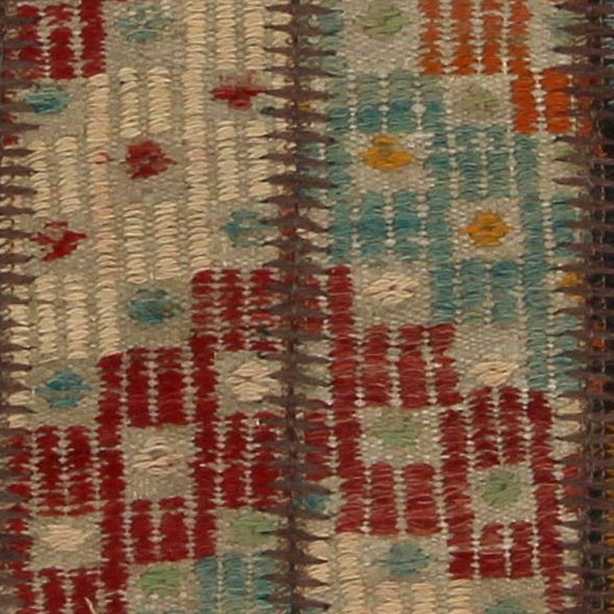Close-up of the handwoven kilim weave - Aqua & Red Kilim Patchwork on Cream & Black - WA-PCH-AQU-70105-082 - Arconiz