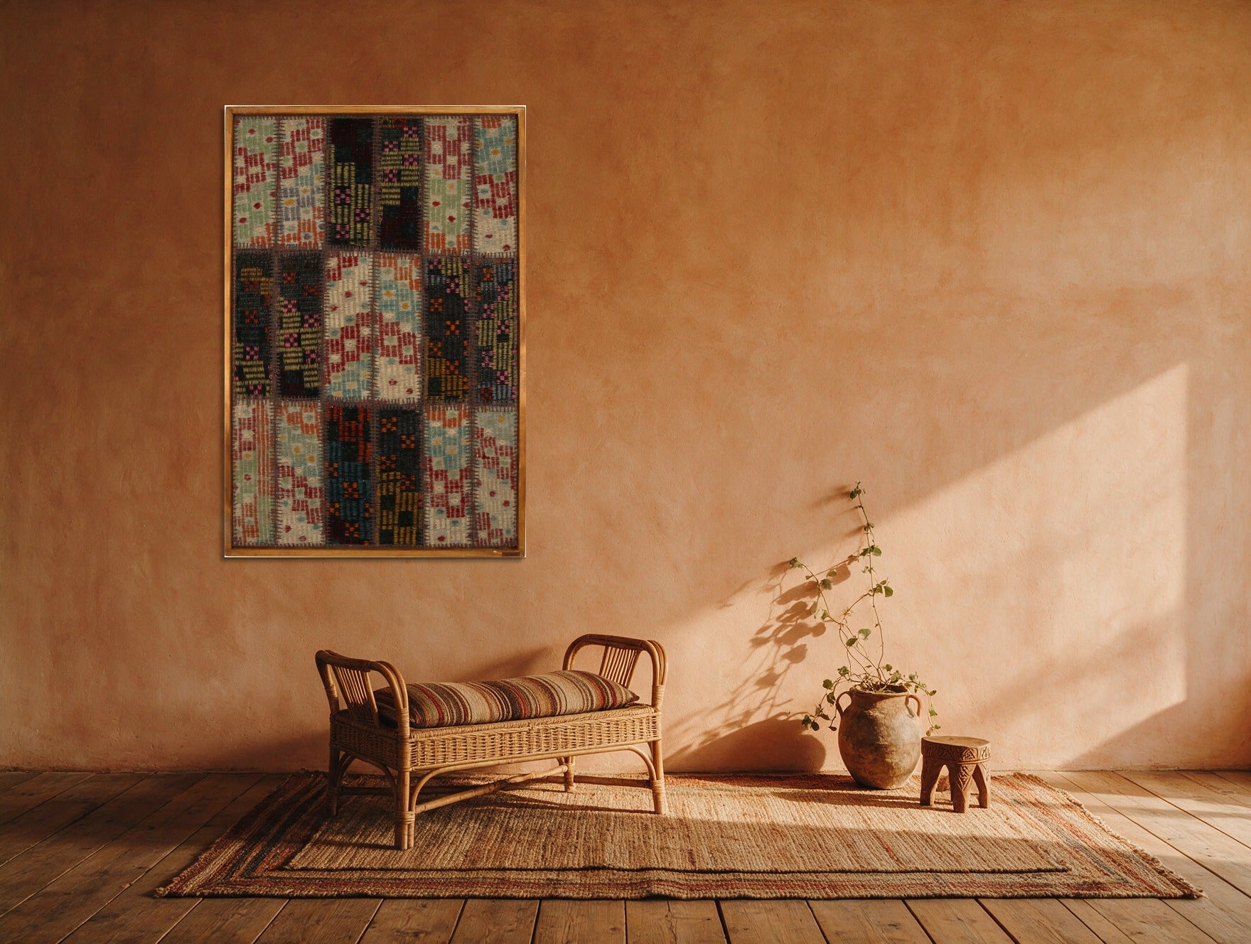 Aqua & Red Kilim Patchwork on Cream & Black woven wall art shown hanging in a styled room, for scale - WA-PCH-AQU-70105-082