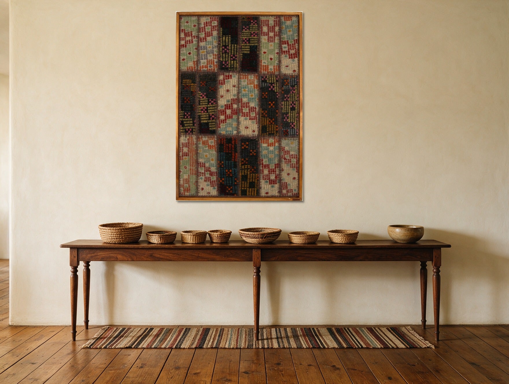 Aqua & Red Kilim Patchwork on Cream & Black woven wall art in a second styled room setting, for scale - WA-PCH-AQU-70105-082