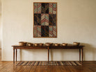 Aqua & Red Kilim Patchwork on Cream & Black woven wall art in a second styled room setting, for scale - WA-PCH-AQU-70105-082