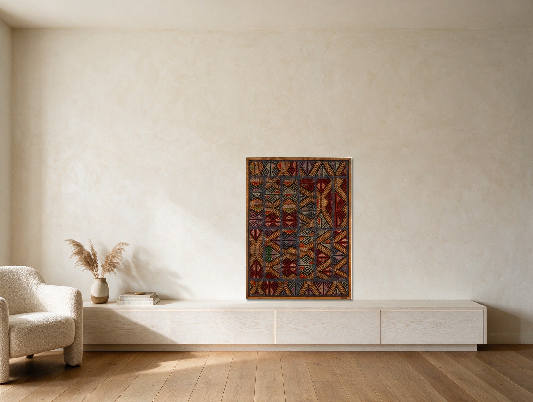 Navy & Red Tribal Kilim on Gold Ochre woven wall art shown hanging in a styled room, for scale - WA-TRB-NAV-7094-083