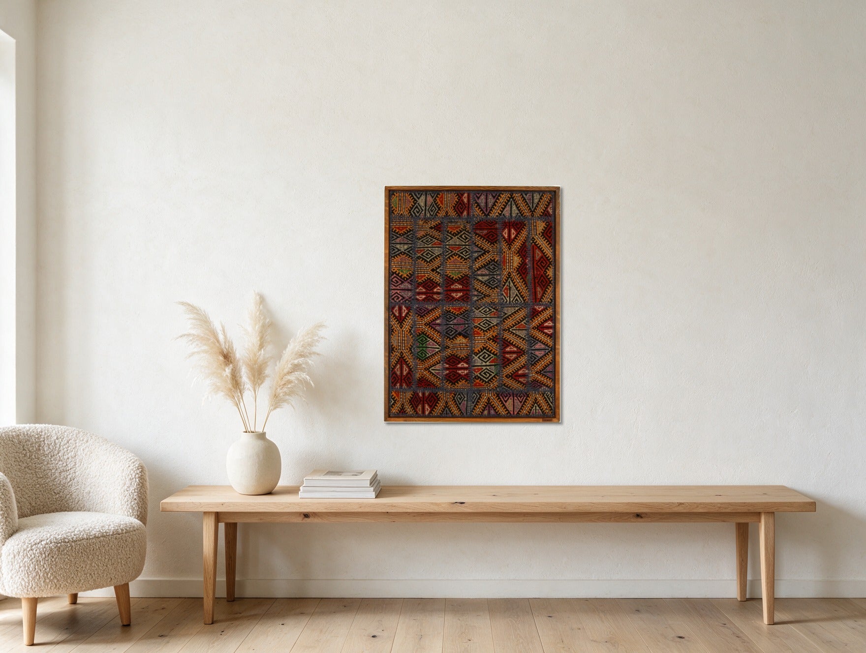 Navy & Red Tribal Kilim on Gold Ochre woven wall art in a second styled room setting, for scale - WA-TRB-NAV-7094-083