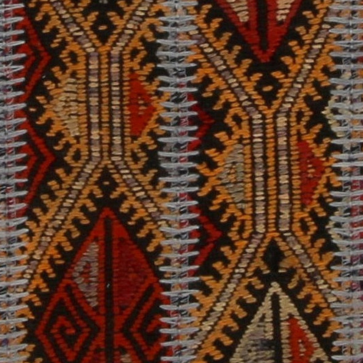 Close-up of the handwoven kilim weave - Red & Navy Tribal Kilim on Gold Ochre - WA-TRB-RED-73108-084 - Arconiz