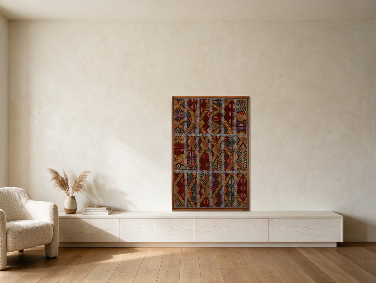 Red & Navy Tribal Kilim on Gold Ochre woven wall art in a second styled room setting, for scale - WA-TRB-RED-73108-084