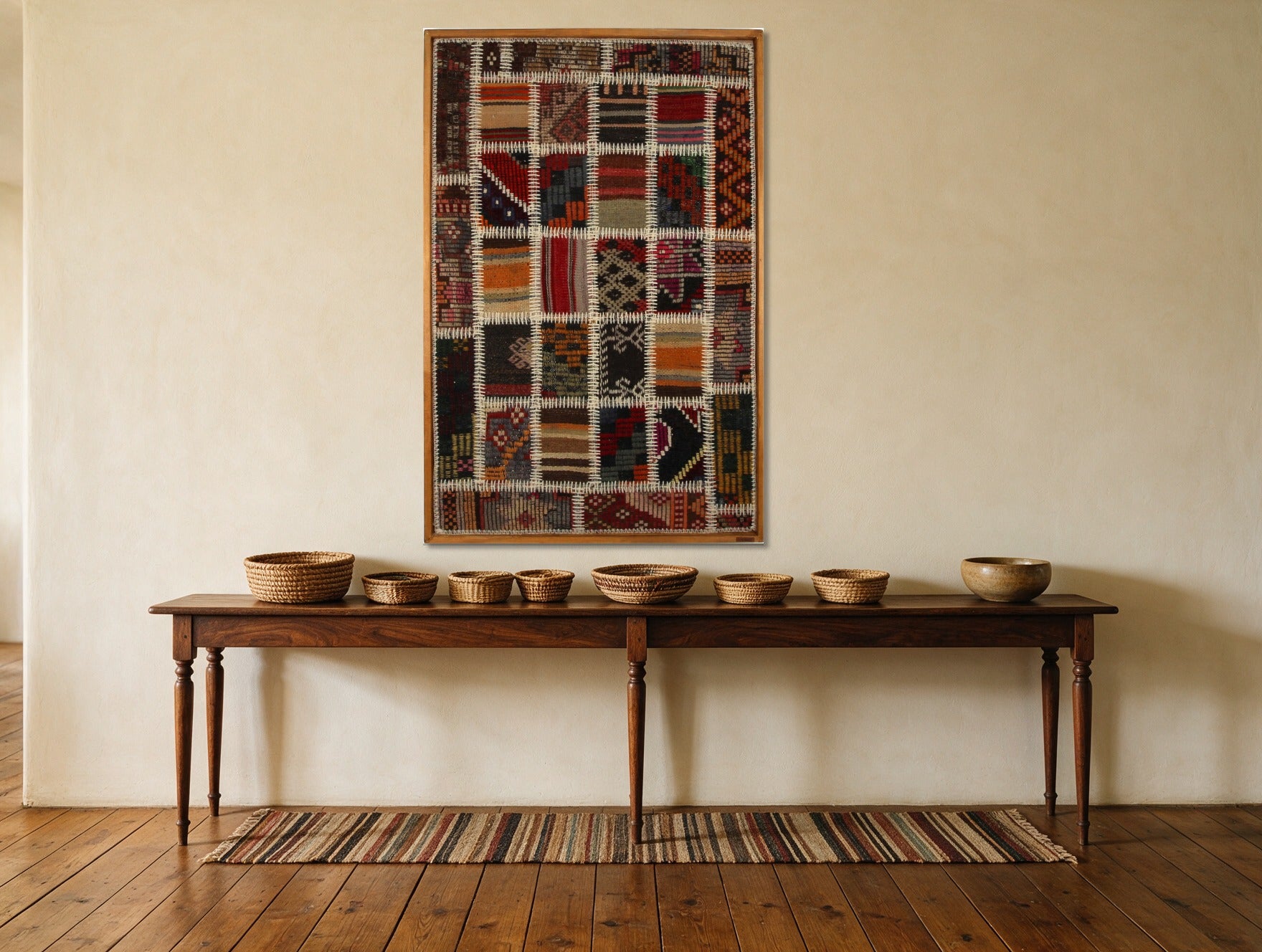 Rust & Ivory Kilim Patchwork on Warm Multicolor woven wall art shown hanging in a styled room, for scale - WA-PCH-RUS-76115-085