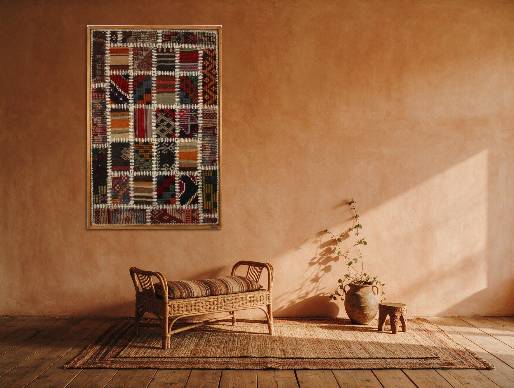 Rust & Ivory Kilim Patchwork on Warm Multicolor woven wall art in a second styled room setting, for scale - WA-PCH-RUS-76115-085
