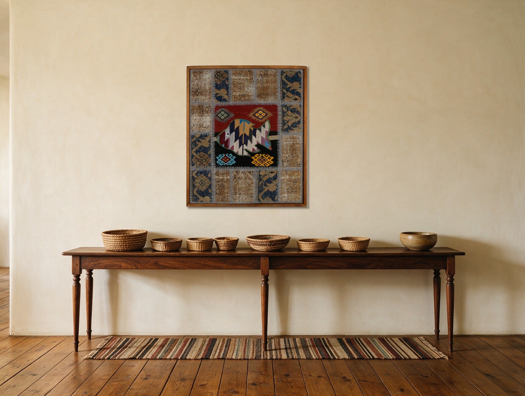 Kilim Fish Patchwork on Slate & Grey woven wall art shown hanging in a styled room, for scale - WA-PFH-RED-6576-086