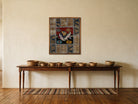 Kilim Fish Patchwork on Slate & Grey woven wall art shown hanging in a styled room, for scale - WA-PFH-RED-6576-086