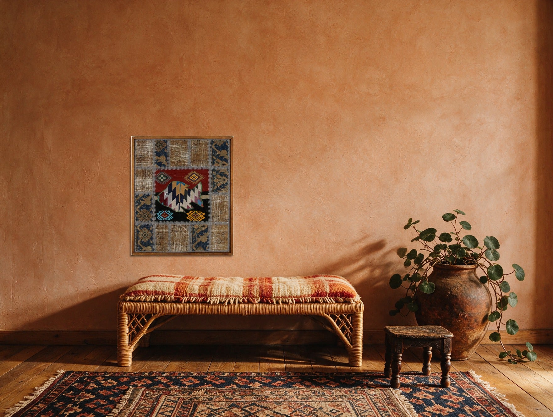 Kilim Fish Patchwork on Slate & Grey woven wall art in a second styled room setting, for scale - WA-PFH-RED-6576-086