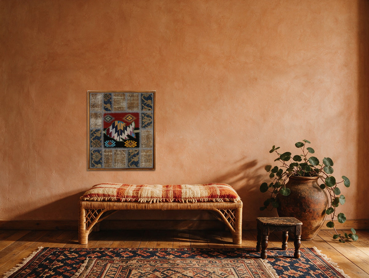 Kilim Fish Patchwork on Slate & Grey woven wall art in a second styled room setting, for scale - WA-PFH-RED-6576-086