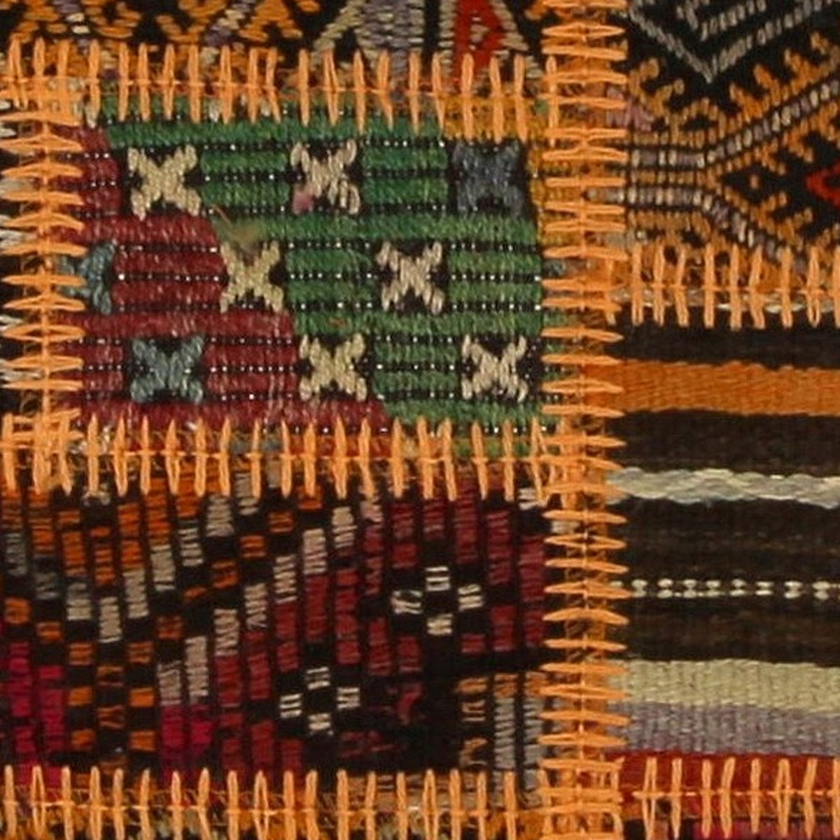 Close-up of the handwoven kilim weave - Orange & Emerald Kilim Patchwork on Rich Multicolor - WA-PCH-ORA-80104-087 - Arconiz