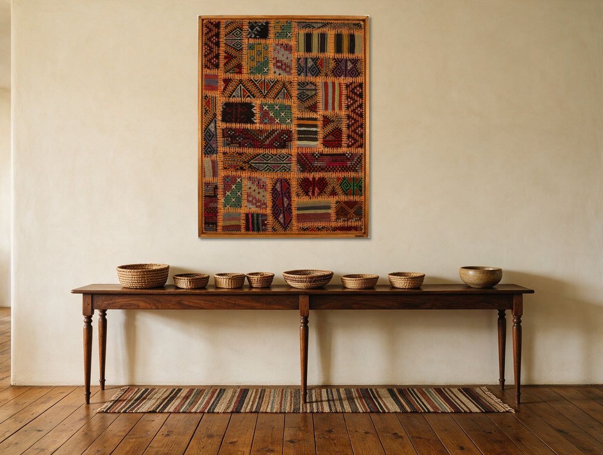 Orange & Emerald Kilim Patchwork on Rich Multicolor woven wall art shown hanging in a styled room, for scale - WA-PCH-ORA-80104-087