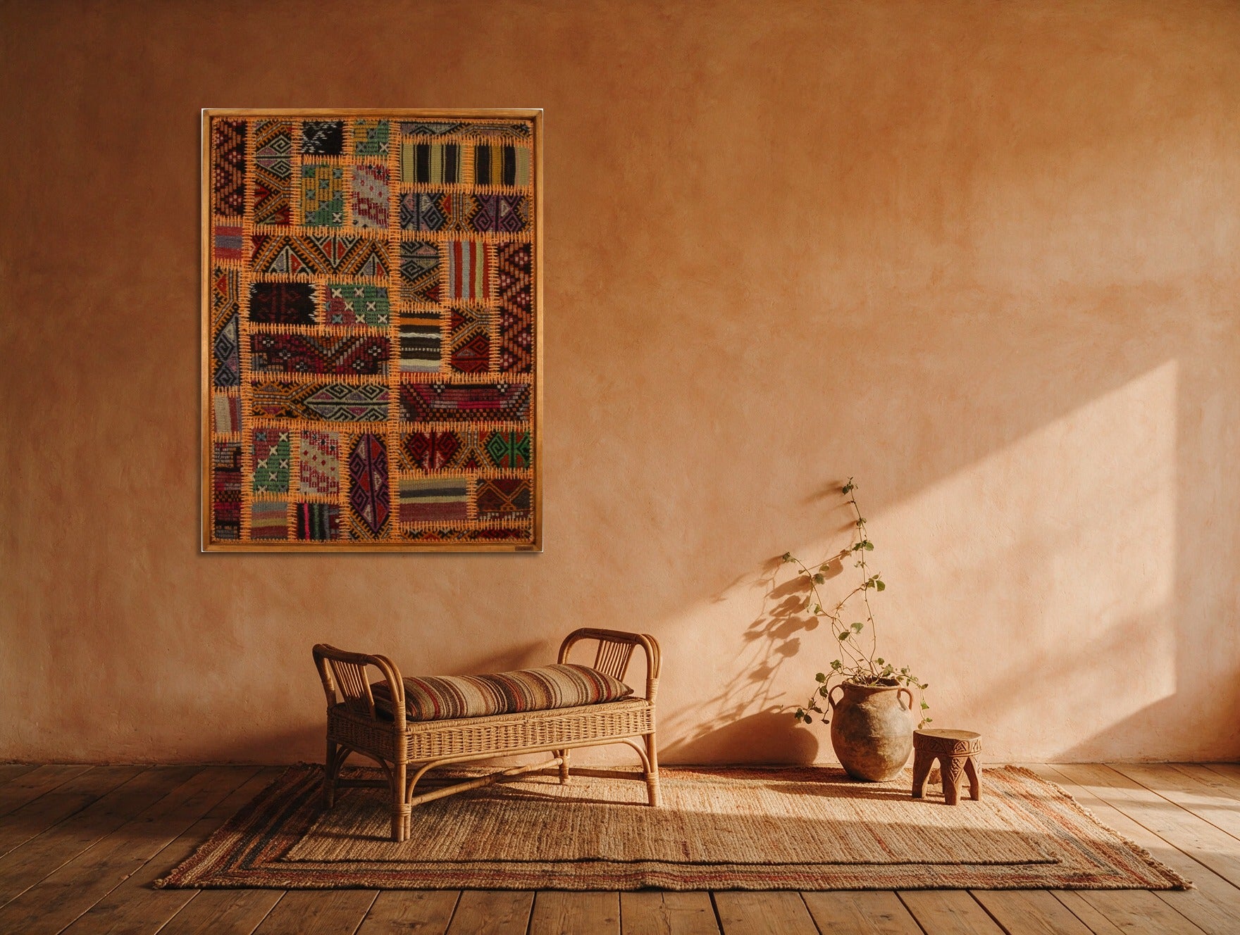 Orange & Emerald Kilim Patchwork on Rich Multicolor woven wall art in a second styled room setting, for scale - WA-PCH-ORA-80104-087
