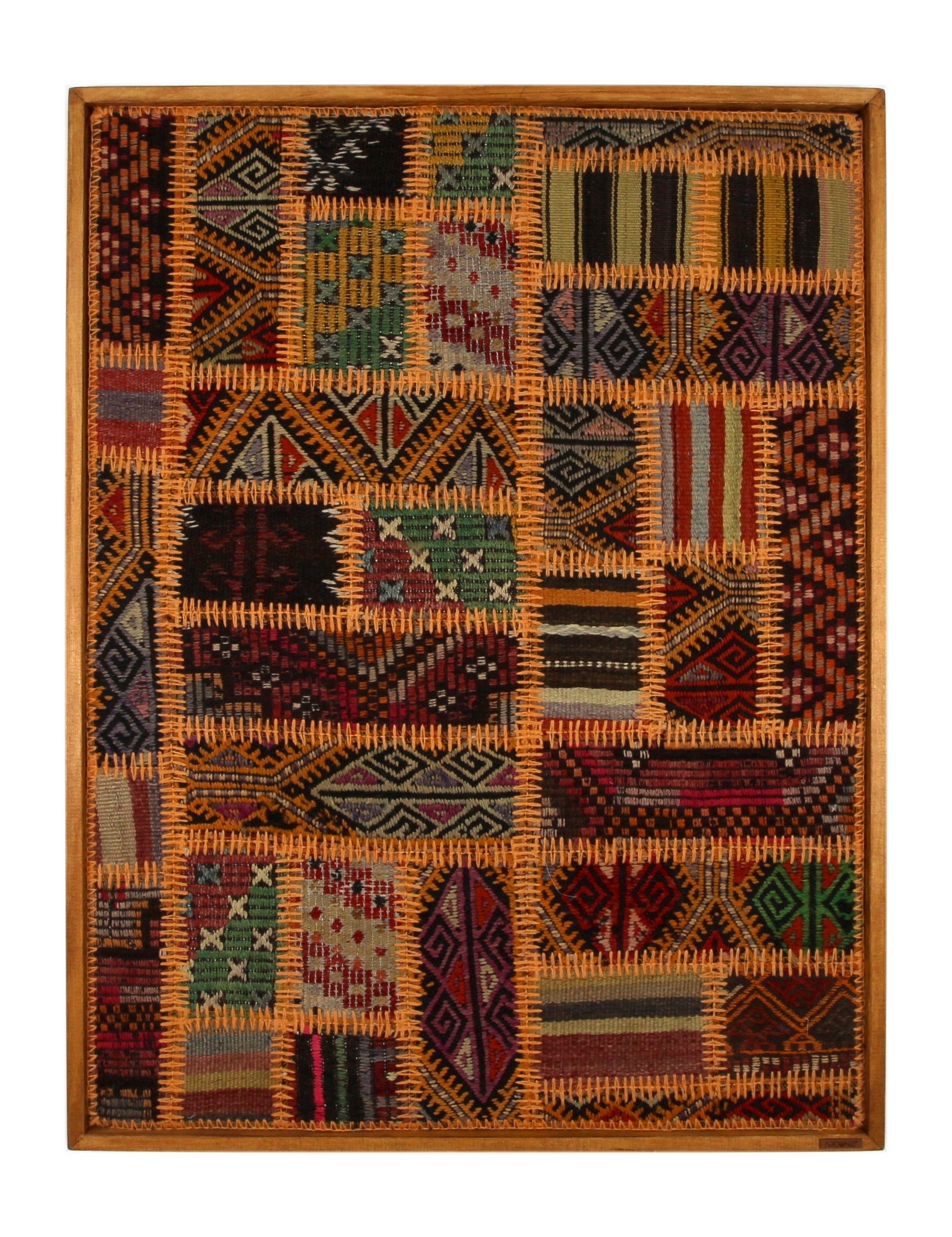 Orange & Emerald Kilim Patchwork woven wall art 31" x 41" - WA-PCH-ORA-80104-087 - Arconiz