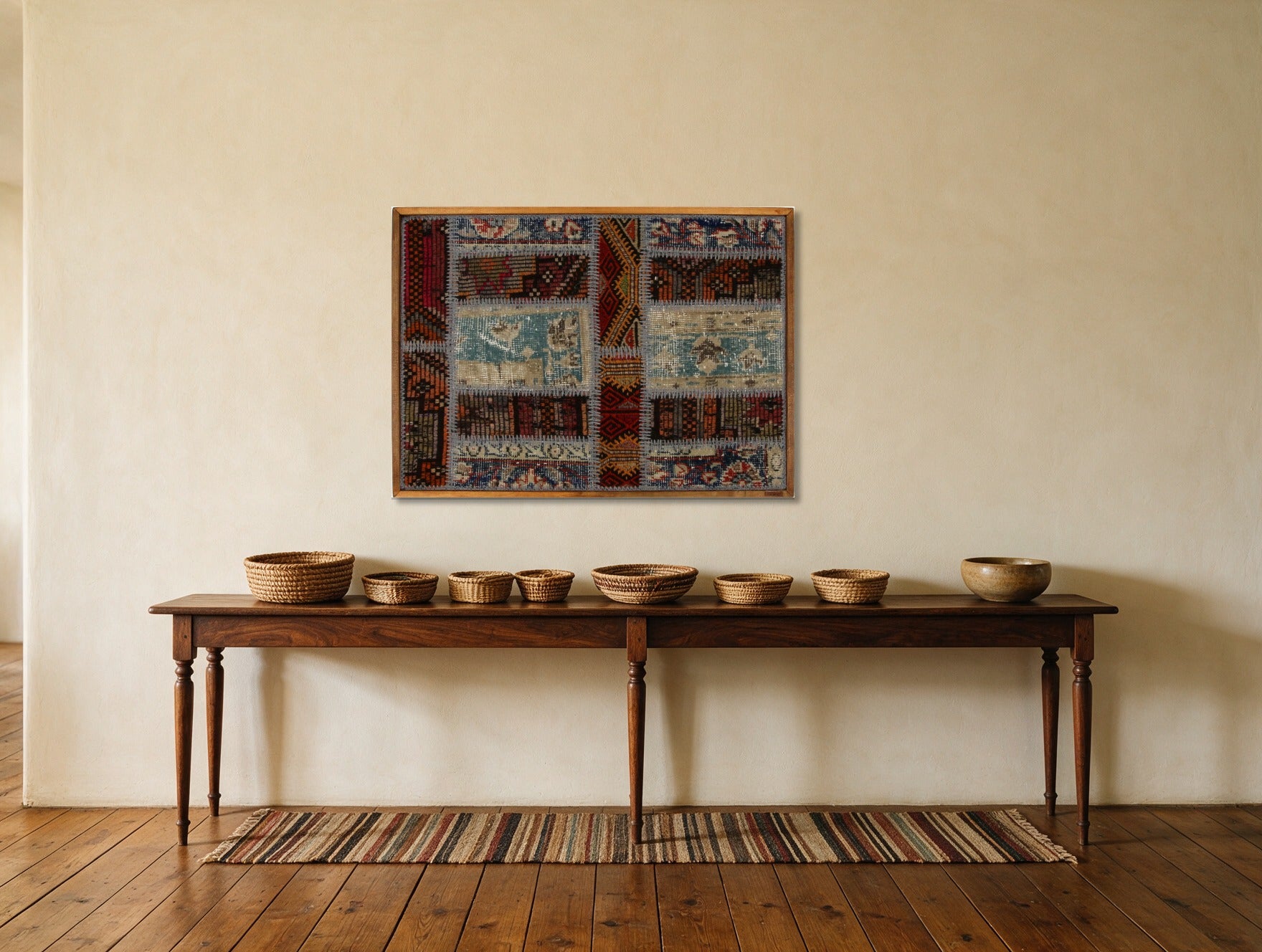 Duck Egg & Red Kilim Patchwork on Multicolor woven wall art shown hanging in a styled room, for scale - WA-PCH-DUC-9065-088