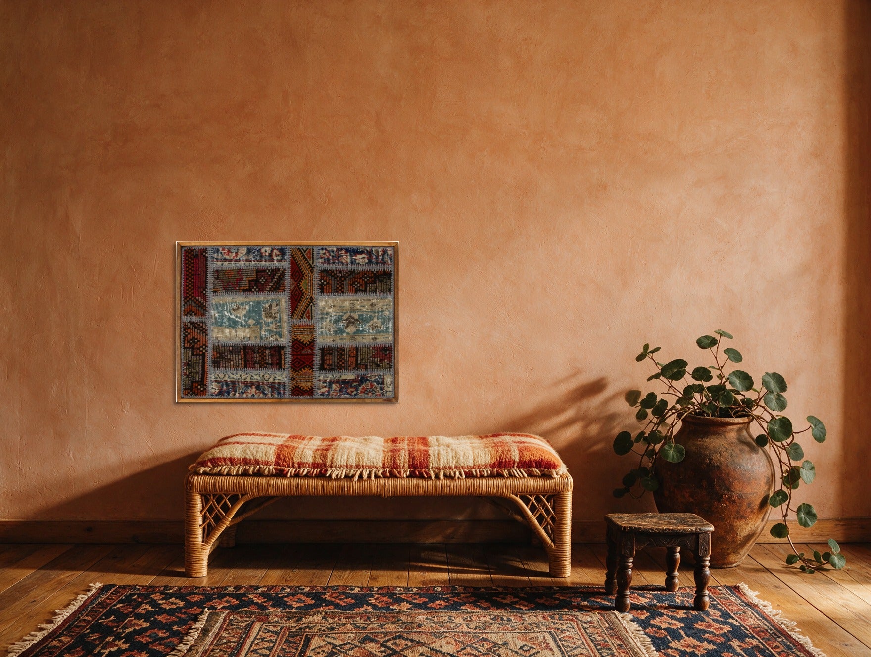 Duck Egg & Red Kilim Patchwork on Multicolor woven wall art in a second styled room setting, for scale - WA-PCH-DUC-9065-088