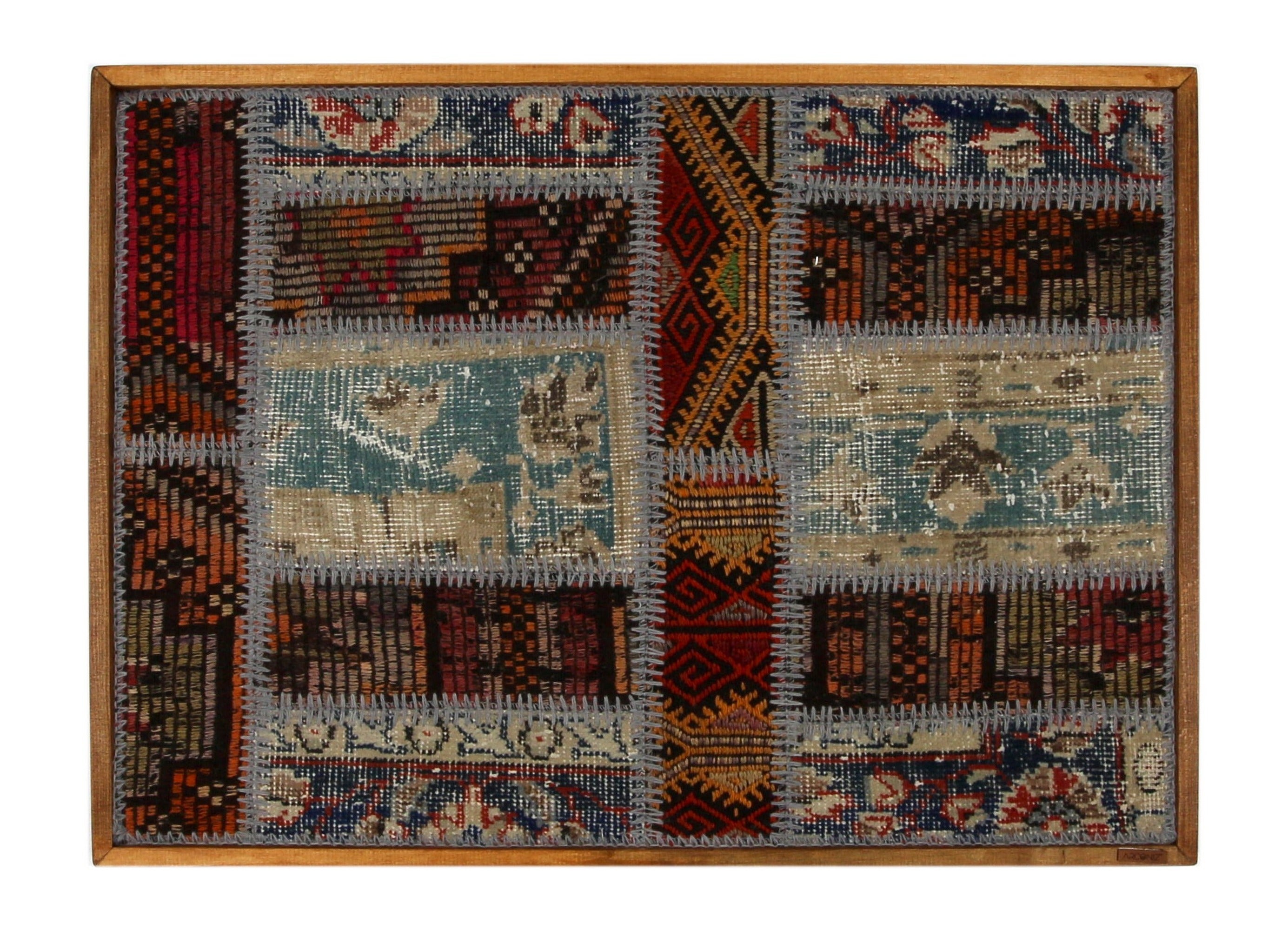 Duck Egg & Red Kilim Patchwork woven wall art 35" x 26" - WA-PCH-DUC-9065-088 - Arconiz
