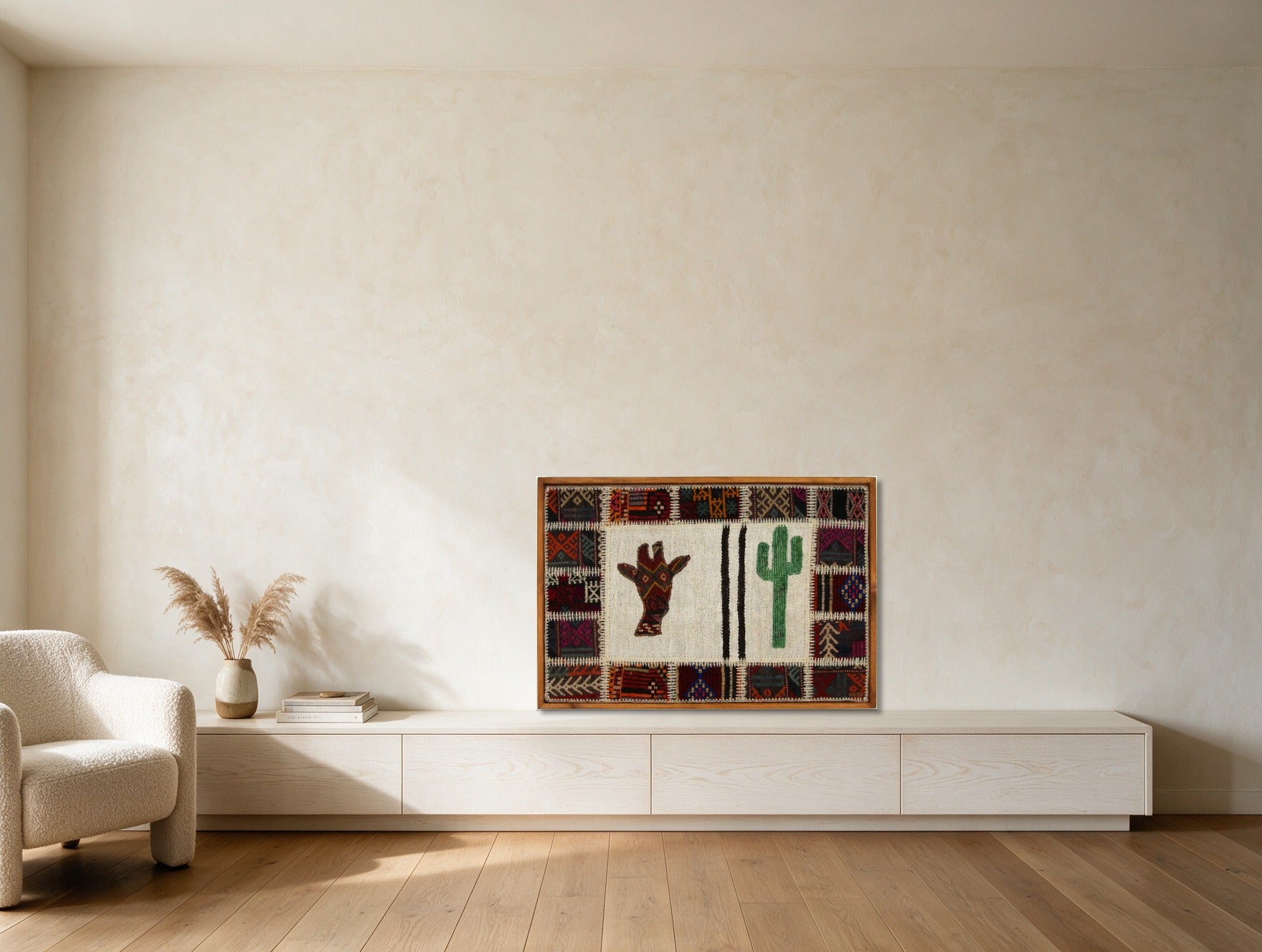 Hand & Cactus Folk Motif on Ivory woven wall art shown hanging in a styled room, for scale - WA-FLK-BRO-9565-089