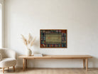 Multicolor Bordered Kilim on Sage Green woven wall art shown hanging in a styled room, for scale - WA-BRD-MUL-9565-090