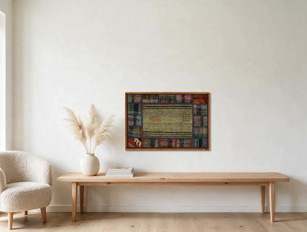 Multicolor Bordered Kilim on Sage Green woven wall art shown hanging in a styled room, for scale - WA-BRD-MUL-9565-090