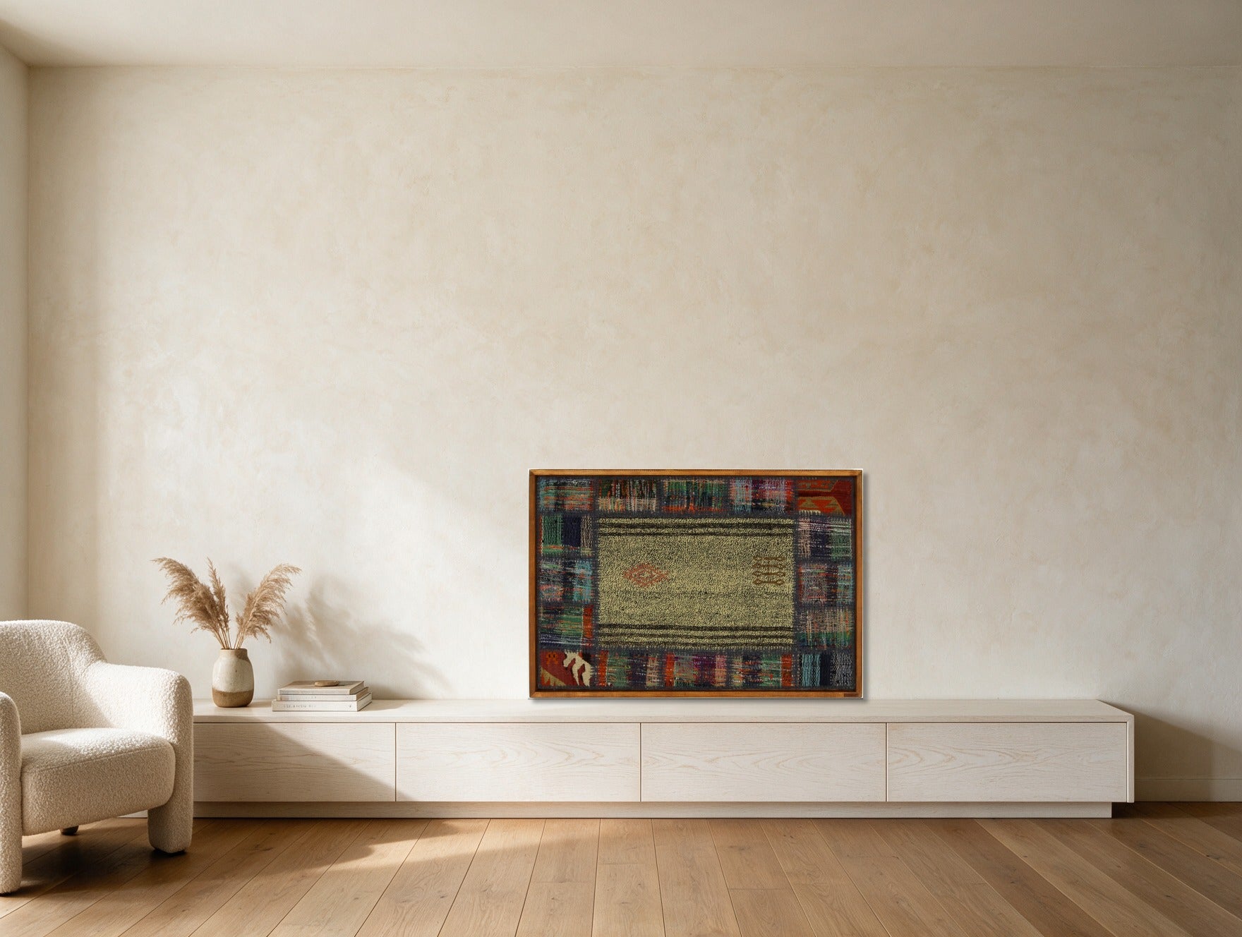 Multicolor Bordered Kilim on Sage Green woven wall art in a second styled room setting, for scale - WA-BRD-MUL-9565-090