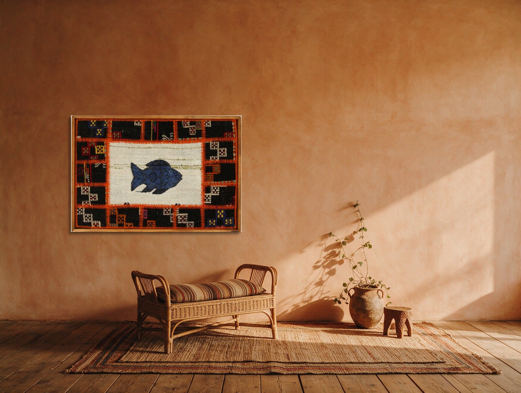 Kilim Fish Patchwork on Ivory & Black woven wall art in a second styled room setting, for scale - WA-PFH-ORA-9565-091